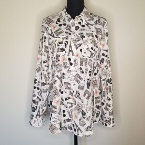 Karl Lagerfeld Paris print long sleeve button front blouse artsy travel M